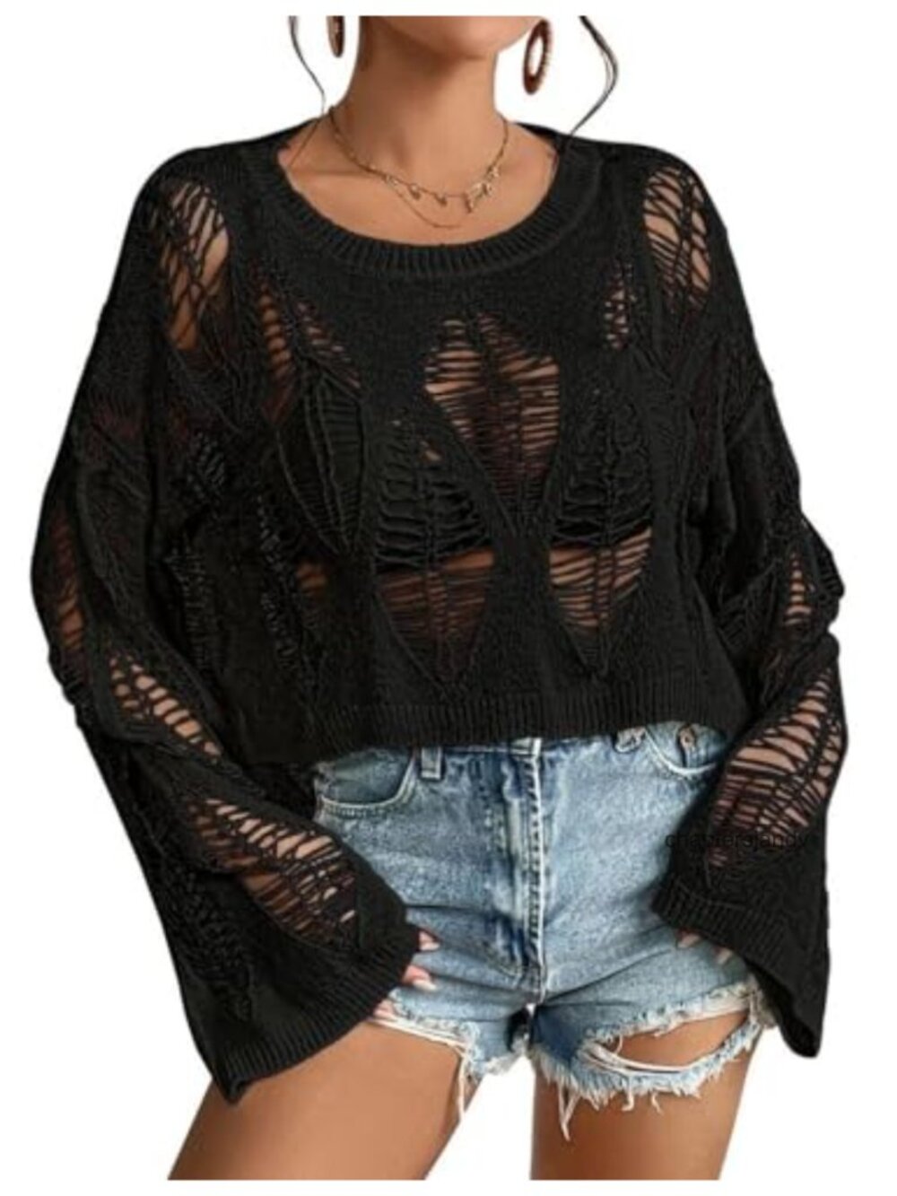Womens Gothic Oversized Punk Sweater Long Bell Sleeve Knit Pullover